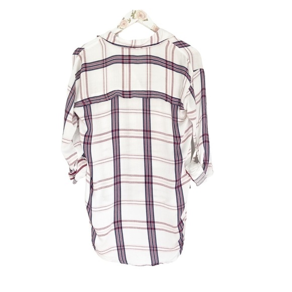 Design Lab Women’s Button Down Plaid Flannel Shirt high low white navy XS - Picture 5 of 6